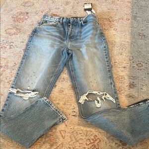 Re/Done Blue Straight Leg Jeans with Distressed Details